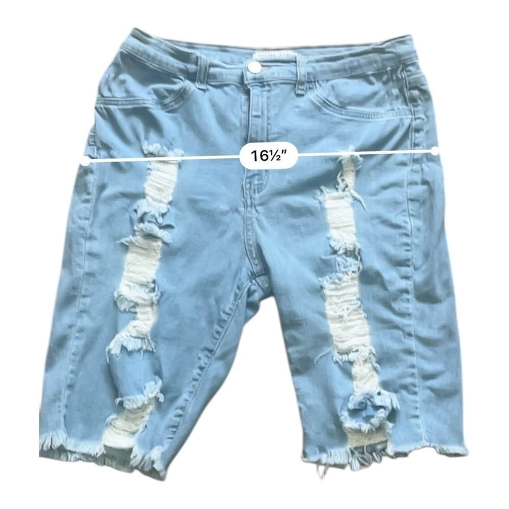 Encore Jeans denim light blue raw hem distressed shorts 1X ripped detail stretch - Picture 8 of 13
